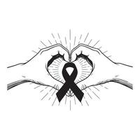 Hands forming a heart shape around a black ribbon with radiating lines vector
