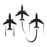 Three black silhouette airplanes in flight with stylized contrails on a white background vector