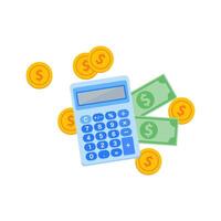 Light Blue Calculator with Green Bills, and Gold Coins for Finance vector