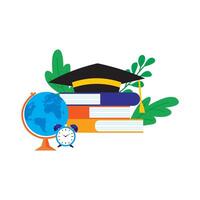 Black Graduation Cap with Yellow Tassel on Colorful Books, Blue Globe, and Alarm Clock for Education vector
