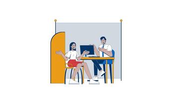 Happy client talking with financial advisor 2D characters animation. Cheerful middle eastern woman having discussion with civil servant animated people cartoon 4K isolated on white transparent video