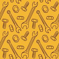 Seamless pattern repair tools in line art style with wrench, bolt, nut and screw on yellow background. Perfect for construction repair store and building design. vector