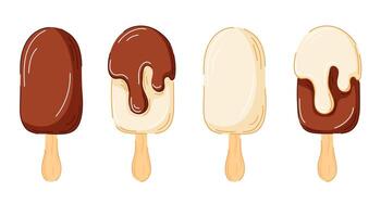 Set of chocolate and vanilla ice cream bars on sticks with coating and melting toppings in cartoon style. Perfect for summer dessert menu, packaging and sweet treat design. vector
