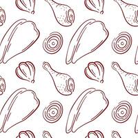 Seamless pattern with chicken drumstick and fillet, garlic and onion in line art style on white background. Perfect for butcher shop delivery packaging, cooking book and culinary design. vector
