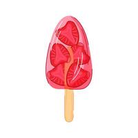 Strawberry ice cream with fruit slice inside on wooden stick in cartoon style isolated on white background. Ideal for summer design, recipe book or cafe. vector