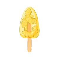 Pineapple ice cream with yellow fruit slice inside on wooden stick in cartoon style. Perfect for tropical summer design, dessert visual or dessert cafe graphic. Isolated on a white background vector