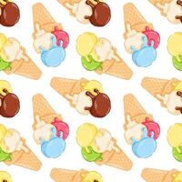 Cartoon style seamless pattern of melting scoop ice cream cone with lemon, vanilla, chocolate, mint, strawberry and pistachio flavor. Perfect for dessert cafe, summer package and food design project. vector