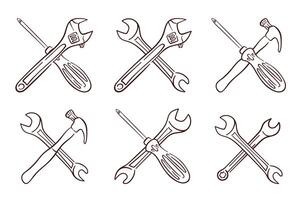 Line art style icon set of crossed tool including wrench, screwdriver and hammer. Perfect for repair service, construction and engineering theme design in technical and industrial project. vector