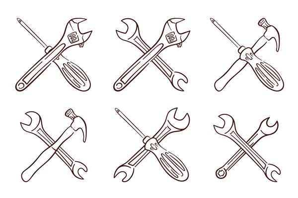 Line art style icon set of crossed tool including wrench, screwdriver and hammer. Perfect for repair service, construction and engineering theme design in technical and industrial project.