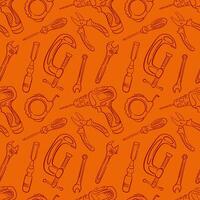 Seamless repair tools pattern in line art style with drill, clamp, pliers, wrench and screwdriver. Perfect for construction repair market and industrial design. vector