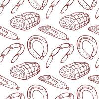 Seamless line art style pattern with sausage and ham on white background. Perfect for butcher shop package, kitchen wallpaper, menu cafe or traditional meat cuisine design. vector