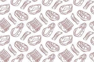 Seamless pattern of line art style steak, bacon, ribs and meat cut on white background. Perfect for butcher packaging, kitchen decor, food menu, grill restaurant or barbecue design. vector