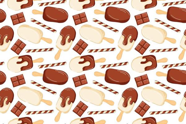 Seamless pattern with chocolate ice cream and wafer in cartoon style. Perfect for summer packaging, dessert menu and sweet food theme project.