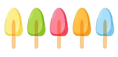 Colorful set of cartoon ice cream in different flavors isolated on white background. Perfect for summer food packaging, children design, party decor and dessert cafe. vector