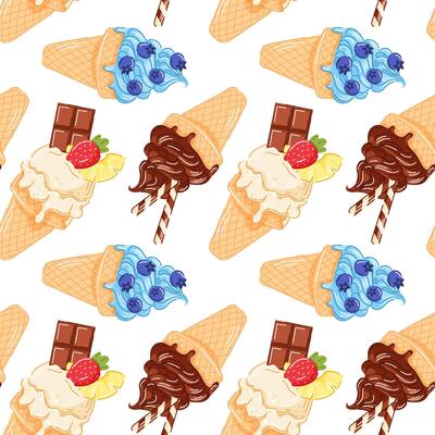 Blueberry, chocolate, strawberry, vanilla ice cream cone seamless pattern with melting creamy texture and berry on top in cartoon style. Refreshing summer design for sweet theme, fruit concept.