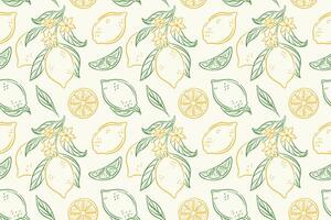 Seamless pattern with whole lemon and slice, flower with green leaf on beige background. Bright citrus line art style fruit design for summer kitchen fabric, package and organic theme. vector