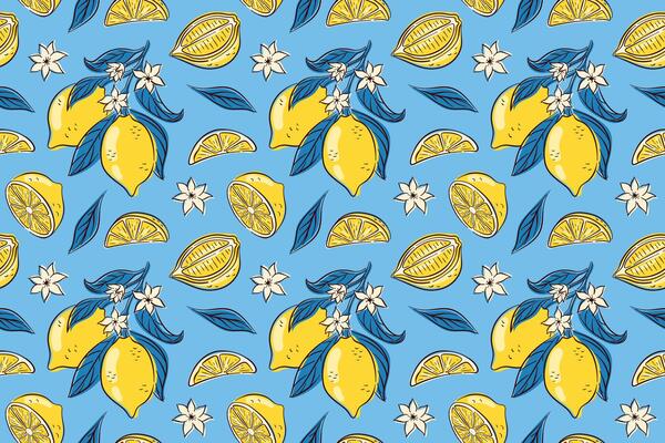 Seamless lemon pattern with whole, fruit slice, flower and leaf on a blue background in flat style. Perfect for summer citrus theme, natural food design, healthy lifestyle and tropical fresh concept.
