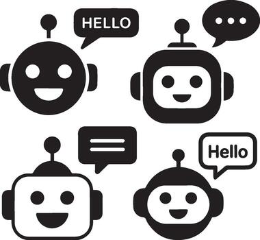 Set of robot faces with antennas, smiling expressions, and speech bubbles in bold flat black silhouette icon style on white background vector