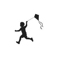 silhouette of a child running while flying a kite isolated on white background vector