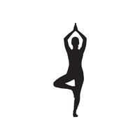 silhouette of a woman performing yoga tree pose with hands raised isolated on white background vector