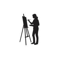 Silhouette of a woman painting on a canvas using an easel isolated on white background vector