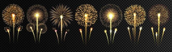 Realistic golden fireworks explosion set in various shapes and sizes, for celebration and festive design use. Illustration vector