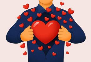 Concept of pure strong love or recognition. A person has many red hearts flying out of his chest. vector