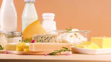 Assorted dairy products on a background video