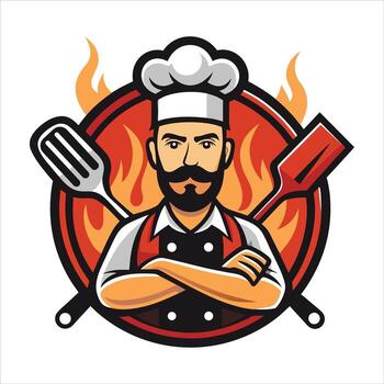 Chef character logo showing bbq and fire vector