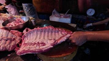 Expert hands slicing through large cuts of meat. video