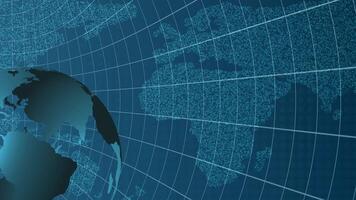 Animated globe rotates against a digital world map backdrop, highlighting continents with a cool blue color scheme video
