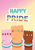 Happy Pride celebration with colorful hands showing support, illustration vector