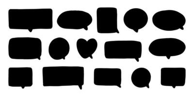 A collection of black hand-drawn speech bubbles in different shapes including rectangular, cubic, and heart forms is displayed against a clean white background. Ideal for creative projects. vector