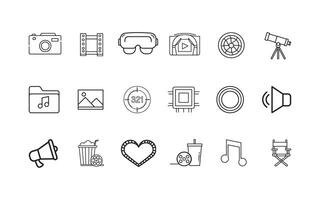 Cinema and Entertainment Iconography A Variety of Visual Elements Illustrating Movies, Music, Technology, and Leisure Activities, Presented in a Cohesive and Stylistically Consistent Manner Throughout vector