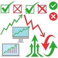 Stock market analysis and trading decision concept with up and down trend arrows, check marks, and charts on computer screens. Financial trading and investment symbols for analytics and strategy. vector
