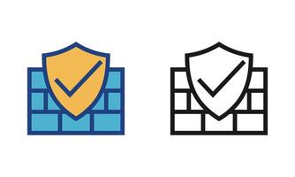 Secure Firewall Protection, Secure Protection Icon with a Checkmark Shield Over a Wall, IT Network Communication Technology Icon. vector