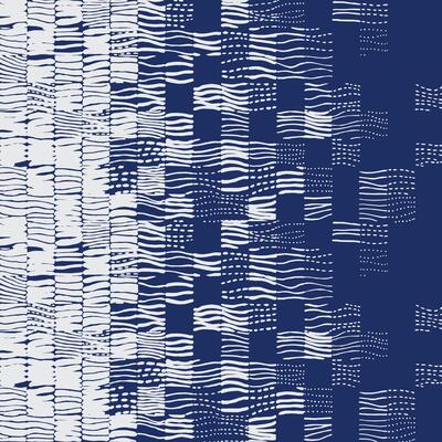 Abstract hand drawn grid brush lines pattern with wavy lines and organic shapes in navy blue and white. Modern textile or wallpaper design with a Japanese and tribal feel