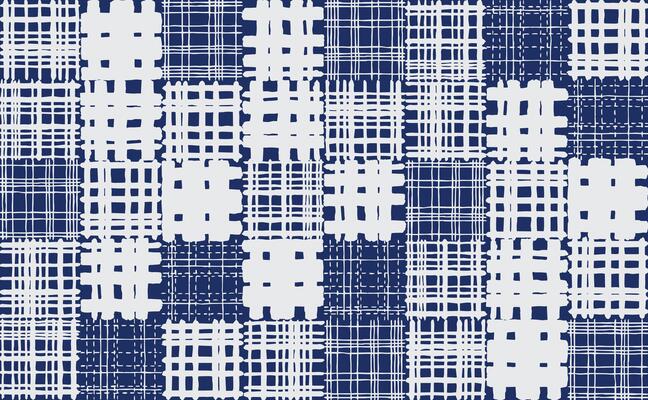 Hand drawn brush lines checkered pattern with bold and sketchy grid lines in navy and white. A rustic, modern take on plaid for textiles or backgrounds with Japanese and tribal feel