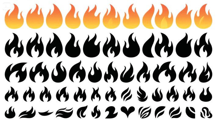 A set of fire flames and symbols on a white background