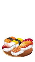 A wooden platter appears and fills with colorful sushi pieces, set against a clean white background video