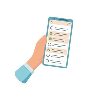 A hand holds a phone displaying a task list app. The user interacts with the screen using their finger to check off items. This simple mobile application enhances productivity and organization, vector