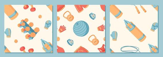 Seamless flat sport equipment pattern with gym tools and accessories set. Set includes dumbbells, kettlebells, ropes, and gloves arranged in a repeating background. Ideal for fitness, workout concepts vector
