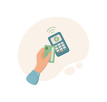digital pago con tarjeta. sin efectivo transacción utilizando teléfono y tarjeta. financiero acción, plano gráfico estilo, adecuado para Finanzas o negocio conceptos. vector