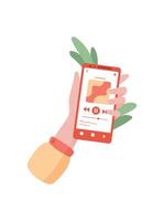 Mobile phone held in hand with music application screen. User interacts with smartphone displaying a media app interface. Touchscreen operation showcases digital technology and cool features, perfect vector