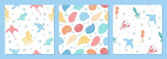 Underwater seamless pattern set in a marine cartoon graphic style. Featuring aquatic creatures like turtle, seashell, seahorse, crab, and shrimp. Vibrant marine life elements enhance summery vector