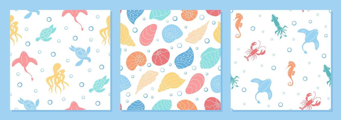 Underwater seamless pattern set in a marine cartoon graphic style. Featuring aquatic creatures like turtle, seashell, seahorse, crab, and shrimp. Vibrant marine life elements enhance summery