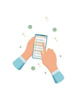 Hands hold a phone displaying a task list app. Mobile device shows organized tasks on the screen. Touch gesture interacts with the application, flat style, ideal for productivity concepts and digital vector