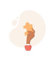 Hand holding a puzzle item. Character exchange with a symbolic gesture. Flat style graphic illustration, suitable for concepts related to teamwork or problem vector