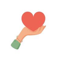 Hand holding heart symbol. Gesture of giving and receiving love. This flat graphic conveys charity, emotion, and connection. Ideal for banners, donations, fundraising concepts. vector