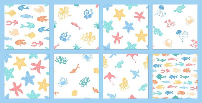 Seamless underwater pattern set with aquatic creatures like fish, starfish, and jellyfish in a flat style. Marine background features turtles and coral in ocean sea themes. Ideal for summer vector